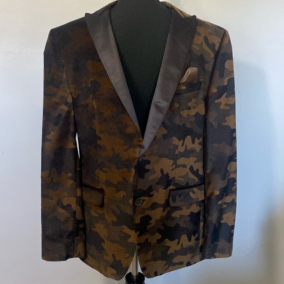 Van Heusen Studio Suit Coat Jacket Blazer Brown & Black Velvet Camo 42R - Picture 1 of 8